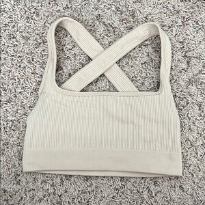 Cream Ribbed Cross-Back Sports Bra